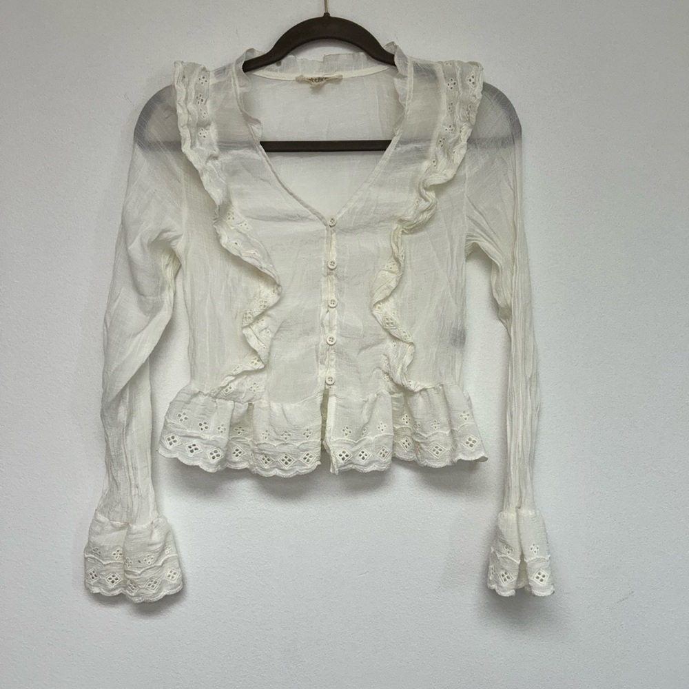REBELLION white flowy lace Eyelet Ruffle Peasant Shirt Boho Cream blouse S small